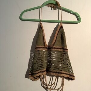 Lakhays M/L Crochet Crop Halter Olive Green Brown Boho Festival